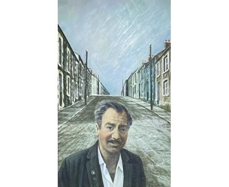 Head and shoulders of a male standing on roadway between terraced houses, entitled verso on Attic Gallery label 'The Light in