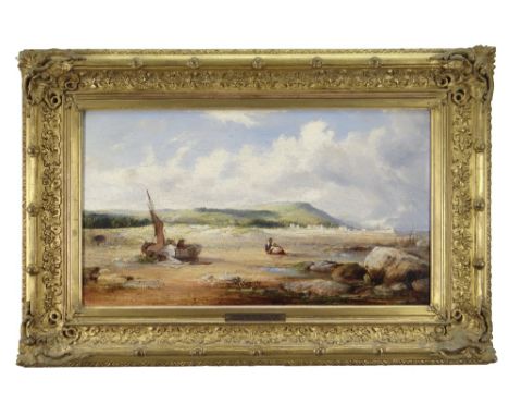 Figures with boat and distant buildings, titled on plaque to slip 'Swansea from the east, at low tide', signed, date to plaqu