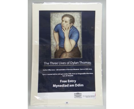 Advertising 'The Three Lives of Dylan Thomas' event at Swansea Museum including portrait of Dylan Thomas by Alfred Janes, cir