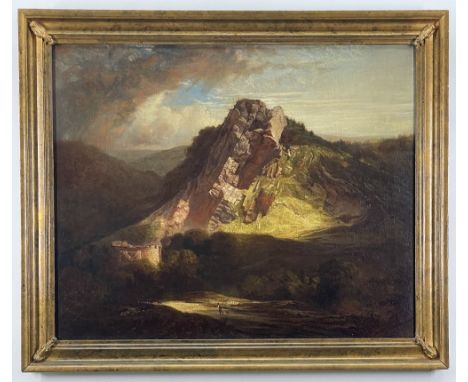 Dramatic mountainous landscape with shaft of light, castle turret ruins and figure, inscribed verso on partially remaining la