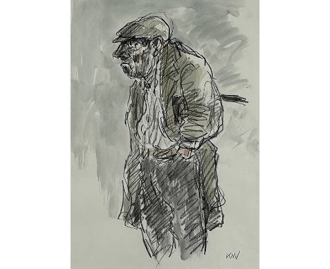 Portrait of a standing elderly farmer with hands in pockets and staring intently under a peak cap, titled 'Evan Roberts', sig