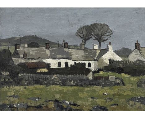 Whitewashed farm buildings and others, with figure leaning on stone wall, c. 1960s, signed with initials50 x 68cmsprivate col