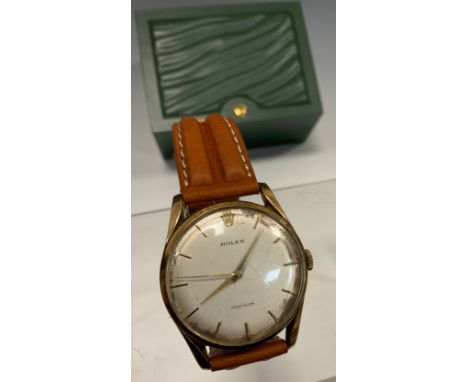 Rolex - 1960s Rolex Precision 9ct gold cased wristwatch, silver dial, block baton markers, centre seconds, 30mm 9ct gold snap