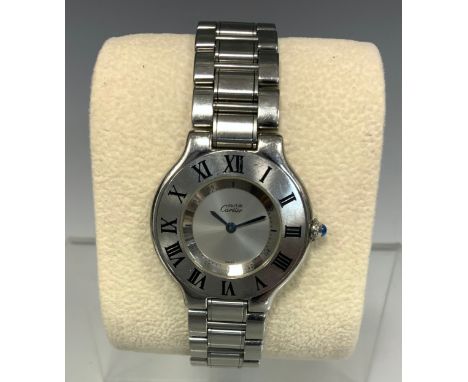 Must De Cartier - a modern lady's 21 stainless steel bracelet watch, ref 1330, brushed dial, Roman numeral bezel, sapphire ca