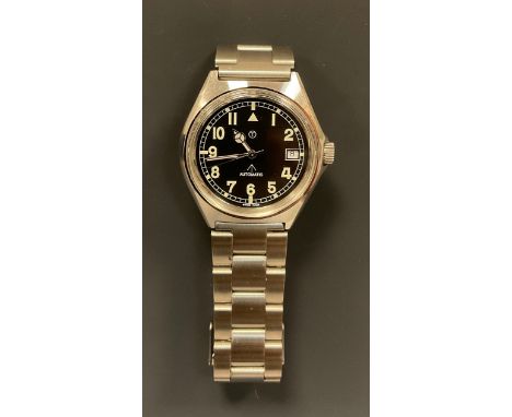 A Military Tudor style automatic wristwatch, black dial, luminous Arabic numerals, triangle and broad arrow marks, centre sec