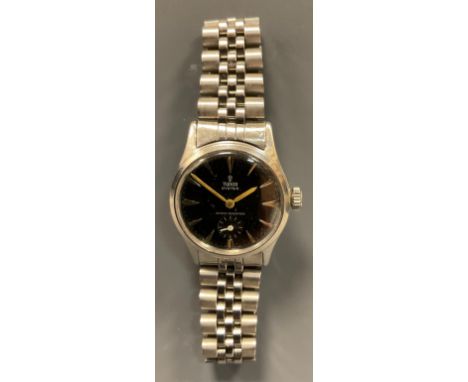 Rolex Tudor - mid 20th century Oyster Shock Resistant stainless steel wristwatch, black dial, arrow baton markers, minute tra