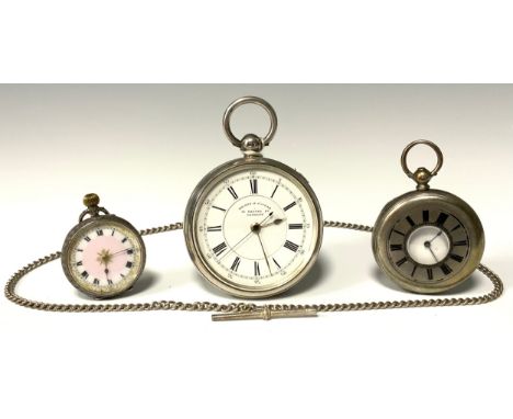 A Victorian silver open face centre second Chronograph pocket watch, white enamel dial marked Rueben W Canham, 41 Chapel St, 