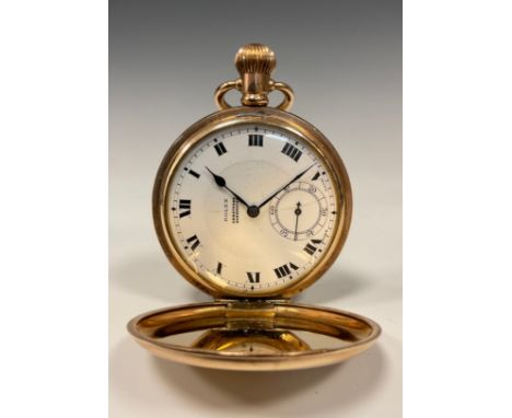 Rolex - gold plated hunter cased pocket watch, 50mm diameter case, white enamel dial, bold Roman numerals, subsidiary seconds