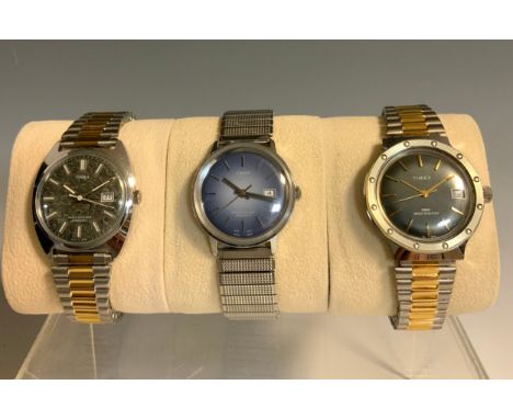 Timex - 1970s automatic stainless steel cased wristwatch, multitone charcoal effect dial, block baton markers, centre seconds