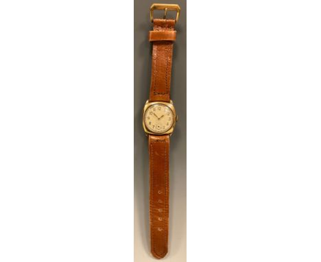 A late 1930s 9ct gold cased wristwatch, silver dial, Arabic numerals, minute track, subsidiary seconds, Visible manual wind m