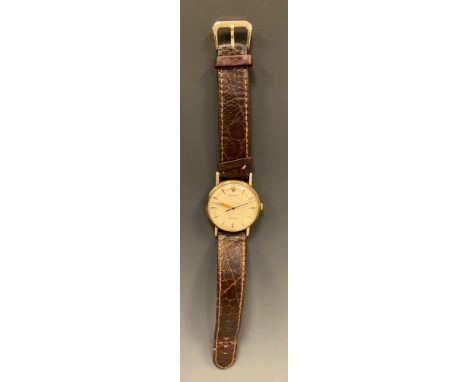 Rolex - 1960s Precision 9ct gold cased wristwatch, silvered dial, arrow batons markers, centre seconds, manual wind 1210 cal 
