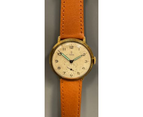 Rolex Tudor - vintage gold plated wristwatch, silver dial, Arabic numerals, minute track, blue hands, subsidiary seconds, sna