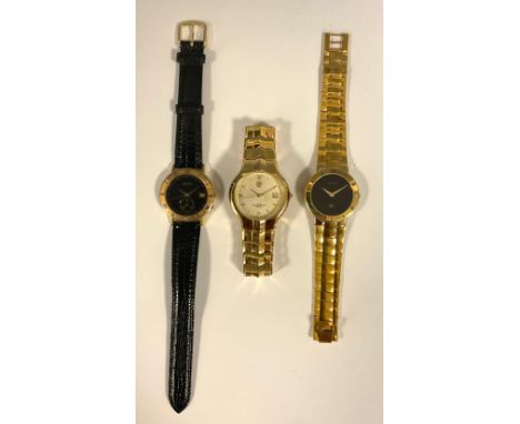 Gucci - 3300M gold plated bracelet wristwatch, black dial, Roman numerals, integral strap, serial No 0041879, quartz movement