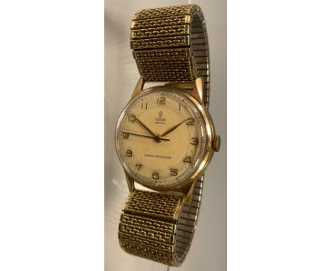 Rolex Tudor - 1950s Tudor Royal Shock Resistant, 9ct gold cased wristwatch, cream textured dial, Arabic numerals, centre seco