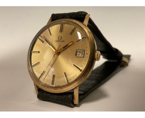 A 9ct gold gentleman's Omega wristwatch, gilt dial, block baton markers, centre seconds, manual stem wind movement, later ass