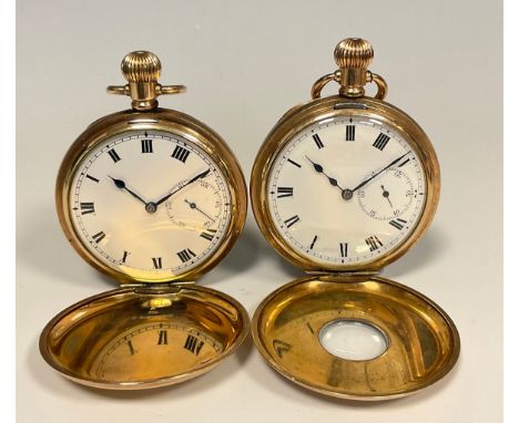 A gold plated hunter cased pocket watch, white enamel dial, Bold Roman numerals, subsidiary seconds, stem wind Swiss 15 jewel