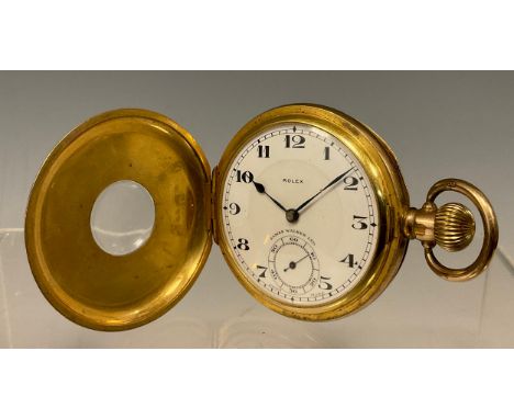 Rolex - gold plated half-hunter cased pocket watch, 50mm diameter case, signed two tone pale pink and white dial, retailed by