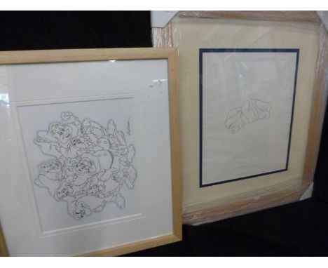 MIKE ROYER, pen and ink sketch, Seven Dwarves, approx 8 1/2" x 10" , framed and glazed + similar drawing, Winnie the Pooh, ap