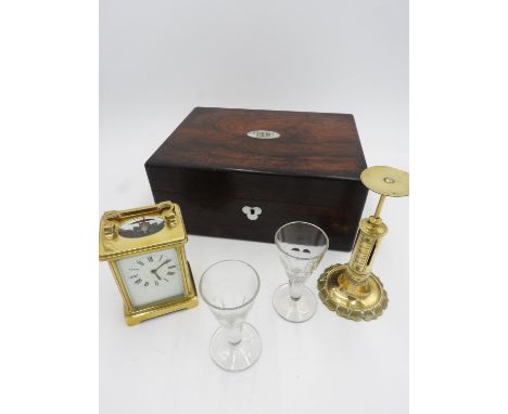 BRASS CARRIAGE CLOCK, BRASS SPRING POSTAL SCALE, PAIR OF 19th CENTURY GLASS LICQUER GLASSES AND VICTORIAN ROSEWOOD BOX 