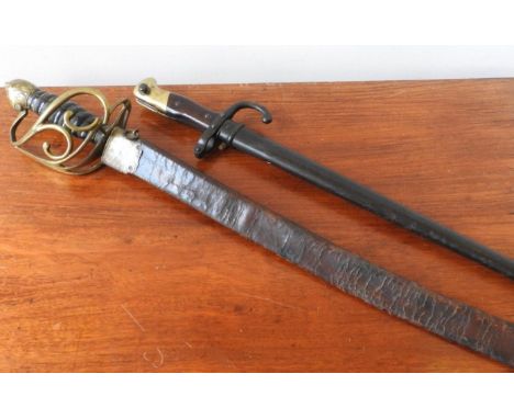 A FRENCH 1875 BAYONET AND NAVAL OFFICER'S SWORD, the bayonet 66cm long inc scabbard, the sword 80cm long inc scabbard, with d