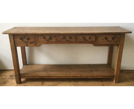 19th CENTURY WAXED PINE DRESSER BASE WITH OPEN SHELF BELOW AND FIVE DRAWERS, 77cm high, 163cm high, 42cm deep 