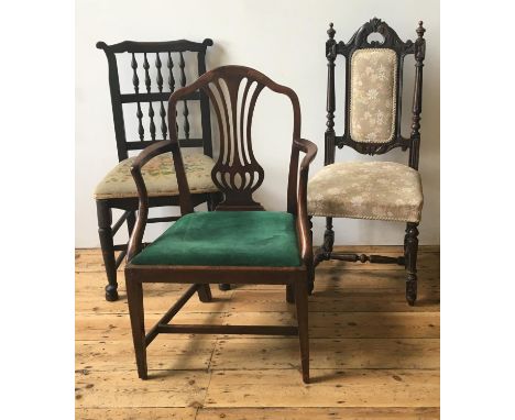 SPINDLE BACK TAPESTRY SEAT CHAIR, STRETCHER BAR ELBOW CHAIR AND JACOBEAN STYLE CHAIR 