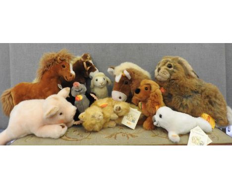 TEN STEIFF ANIMALS: 3 HORSES, 1 LARGE RABBIT, 1 PIG, 1 MOLE, 1 PUPPY, 1 CAT, 1 LAMB, 1 SEAL 63cm long 