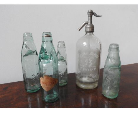 FROME ETCHED SODA SYPHON AND LOCAL VINTAGE GLASS BOTTLES 