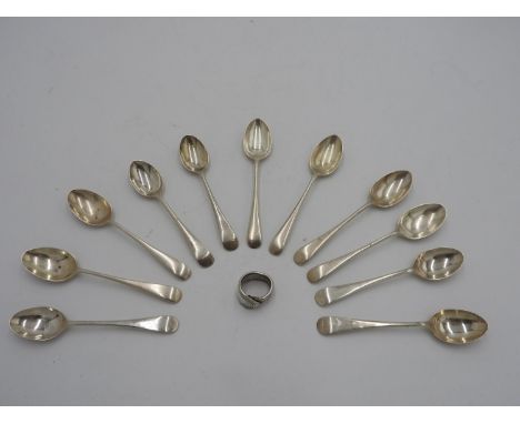 SET OF 8 HALLMARK SILVER TEAPOONS AND 3 OTHER HALLMARK SILVER TEASPOONS, and a ring fashioned from a spoon handle 5 oz total 