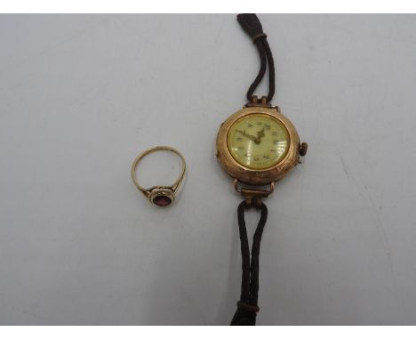 LADIES GOLD CASED VINTAGE FRENCH COCKTAIL WATCH STAMPED 14K, with a 9ct gold dress ring 