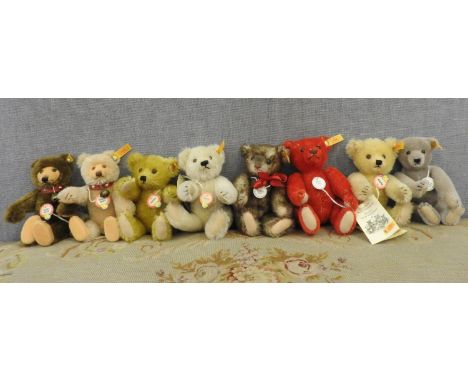 EIGHT ASSORTED STEIFF BEARS of various colours and fur (including red) 18cm high 