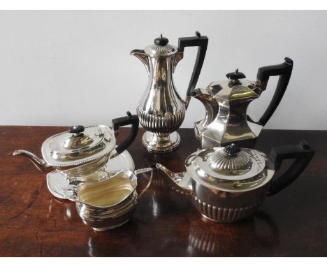 FLUTED SILVER PLATED COFFEE POT, FLUTED TEAPOT AND ONE OTHER TEA POT, with plated hot water jug, milk jug and tray (7) 