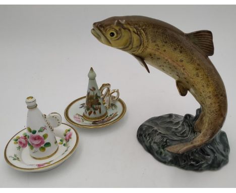 A BESWICK POTTERY ?TROUT? impressed ?1032 trout?, a 19th century Worcester cone on base candle snuffer and another snuffer 16