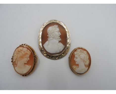 9ct GOLD CAMEO PORTRAIT BROOCH, and two other cameo brooches 
