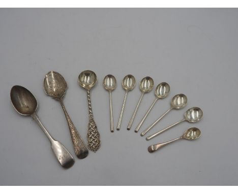 SET OF 6 HALLMARK SILVER COFFEE SPOONS AND SILVER JAM SPOON, with silver tea spoon, silver salt spoon and continental silver 