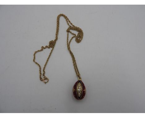 ENAMEL DIAMOND SET FABERGE STYLE EGG PENDANT ON 9CT GOLD CHAIN 