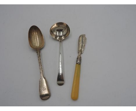 GEORGIAN HALLMARK SILVER SERVING SPOON, GEORGIAN SILVER LADLE AND EARLY VICTORIAN FISH KNIFE Total weight: 6oz approx 