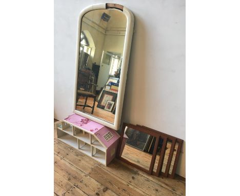 A LARGE CREAM PAINTED VINTAGE MIRROR, A SET OF 4 SQUARE FRAMED WALL MIRRORS AND THE ATTIC SECTION OF A DOLLS HOUSE, the large
