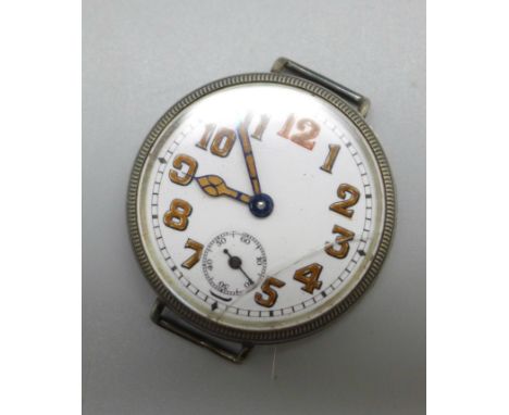 A silver cased wire lug trench watch, a/f, the case back bears inscription dated 25.1.17, dial a/f, lacking button, 32mm case
