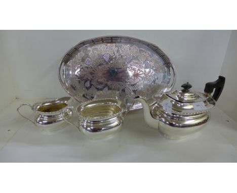 An EPS on copper tray, by Viners of Sheffield and a three piece plated tea service 