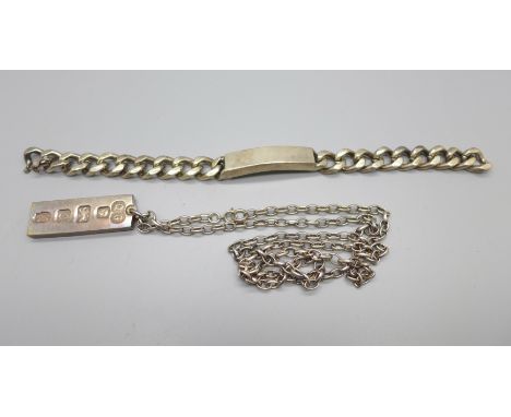A silver ID bracelet and a silver ingot pendant and chain, 118g 