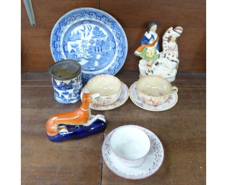 18th and 19th Century English pottery and porcelain, flatback figure, blue and white plate and sugar pot and three tea cups a