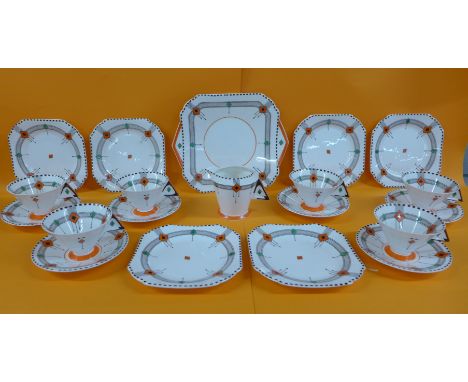A 1930's Shelley 'Vogue' shape Diamonds pattern Art Deco six setting tea service, lacking sugar, cream jug chipped, one cup w