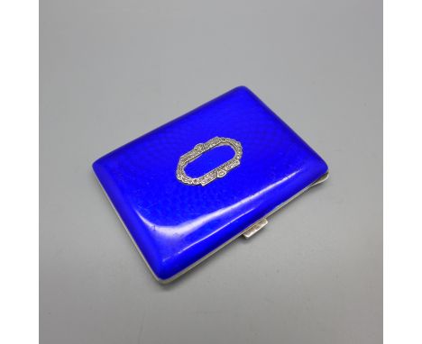 A silver case with blue enamel top and set with marcasite, London import mark, enamel scratched and lacking marcasite, 99g, 6