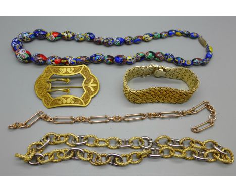 A millefiori bead bracelet, other jewellery and a buckle, chain lacking fastener 