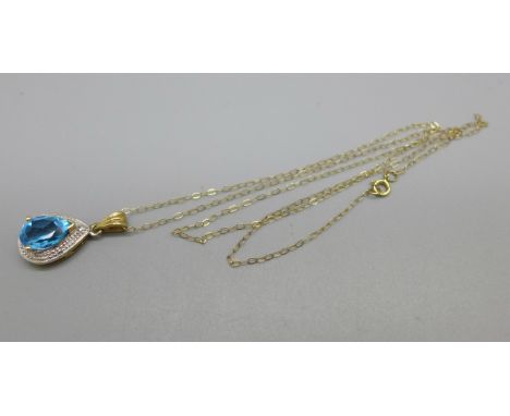 A 9ct gold, aquamarine and diamond set pendant and chain, 2.2g 