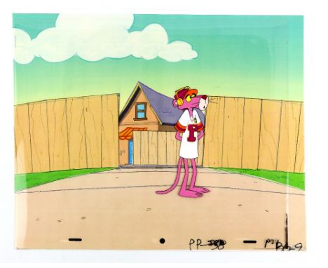 Pink Panther animated art production cel consisting of a printed colour background on paper, with an acetate overlay carrying