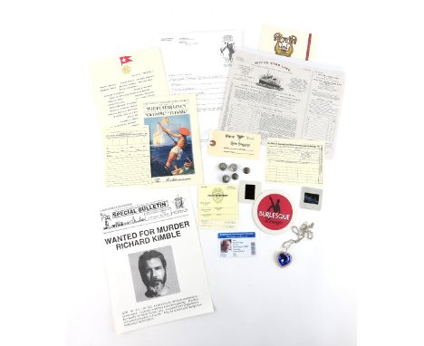 Movie props including John Malkovich Doctor ID card, 6 Souls police ID cards, The Fugitive 'Wanted' poster, Burlesque Lounge 