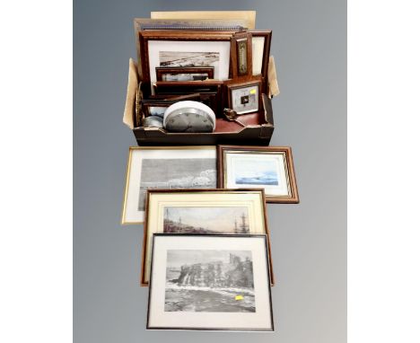 A box containing assorted pictures and prints, framed photographs, Art Deco barometer, a Metamec battery operated wall clock,