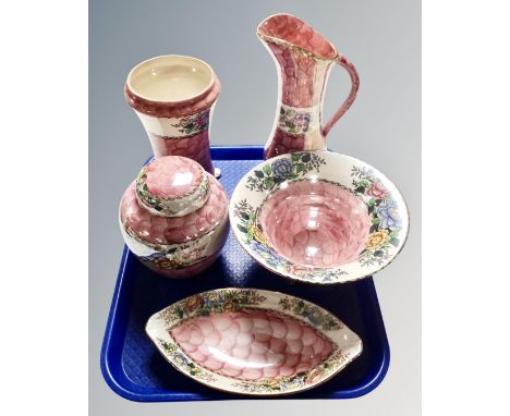 A tray containing five pieces of Maling Peony Rose pattern ceramics.